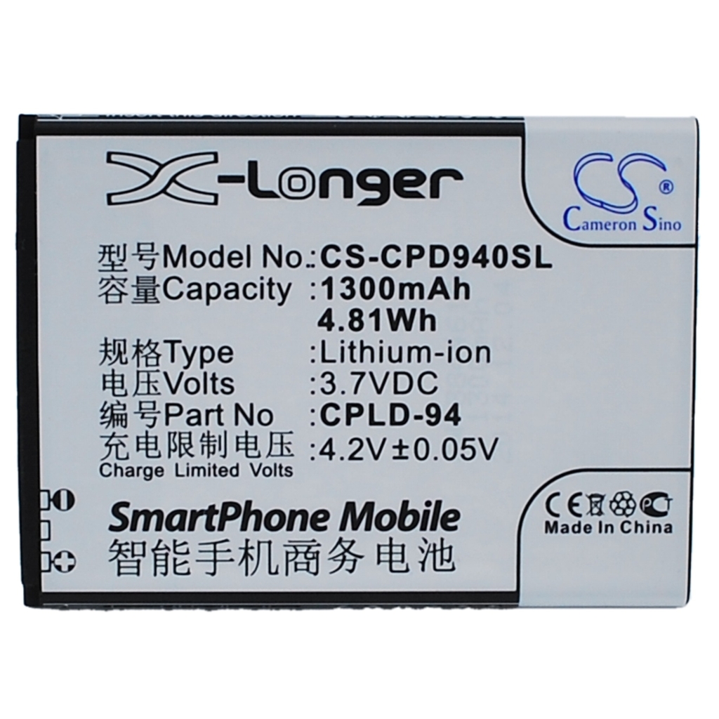 Cameron Sino X-Longer smartphone battery 1300mAh 3.7V flat top label view