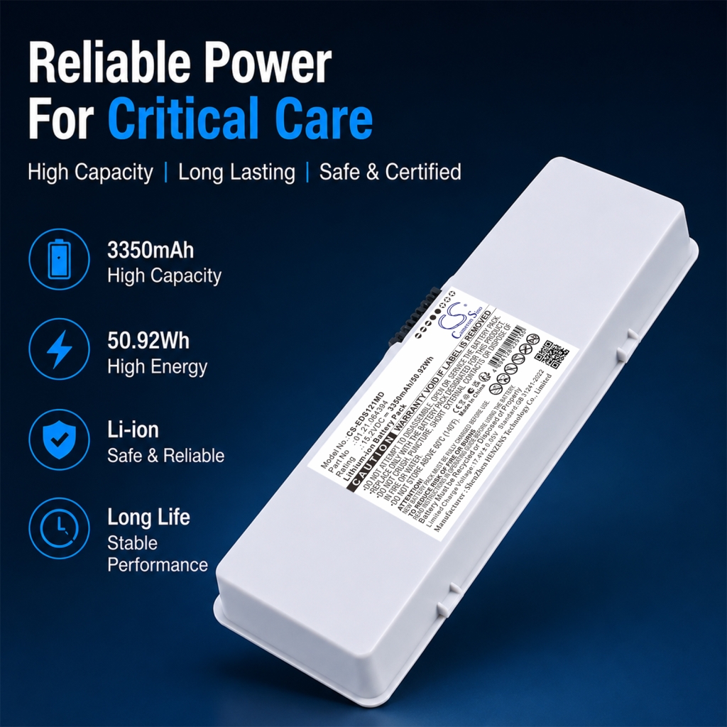 Cameron Sino CS-EDS121MD Marketingbild, „Reliable Power for Critical Care“ mit weißem Akkupack