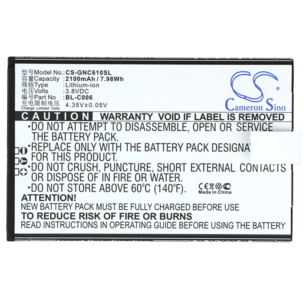 Cameron Sino CS-GNC610SL flache Frontetikettansicht: 2100mAh 3,8V 7,98Wh Li-ion BL-C006